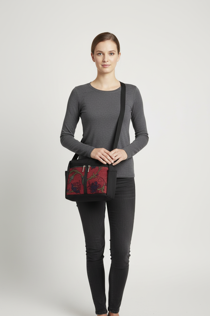 106 black messenger bag on 5'8" person