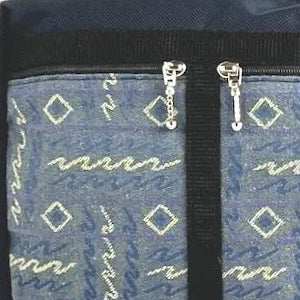 small organizer crossbody purse in navy ballistic nylon with denim and lavender scribbles accent