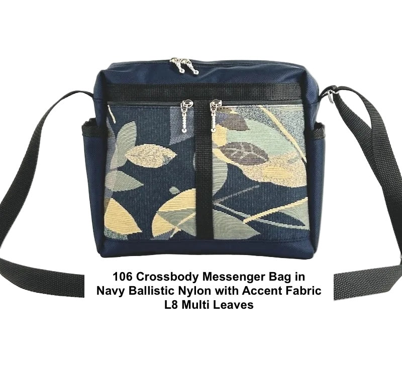 106 Navy Medium Messenger Bag Purse in Nylon with Fabric Accent Pockets
