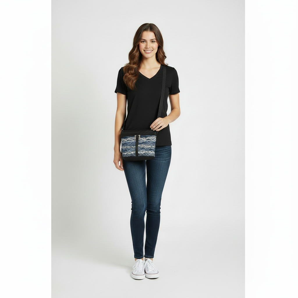 221L Small Cross-Body Organizer Purse in Black Nylon with fabric accent pockets