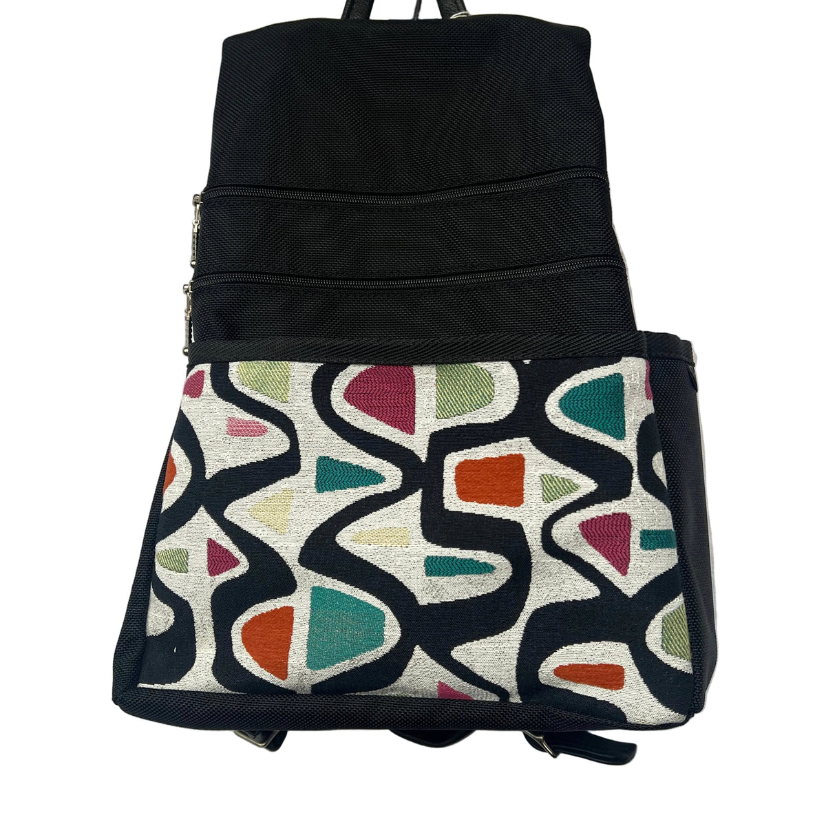 B968-BL Medium Side Entry Backpack in Black Nylon with Fabric Accent Pocket