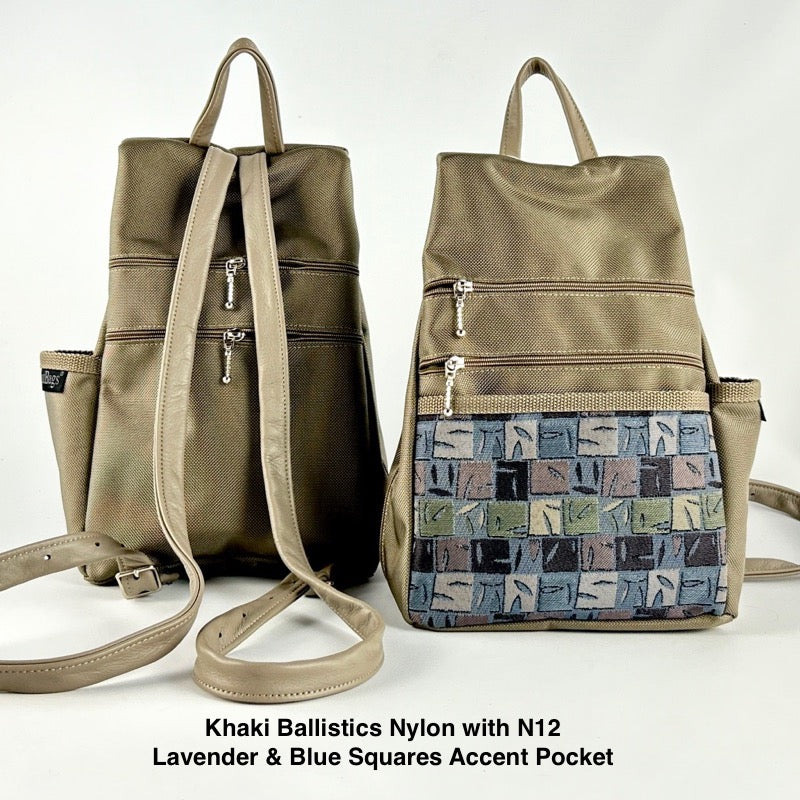 B967-KH Small Side Entry Backpack in Khaki nylon with Fabric Accent Pocket