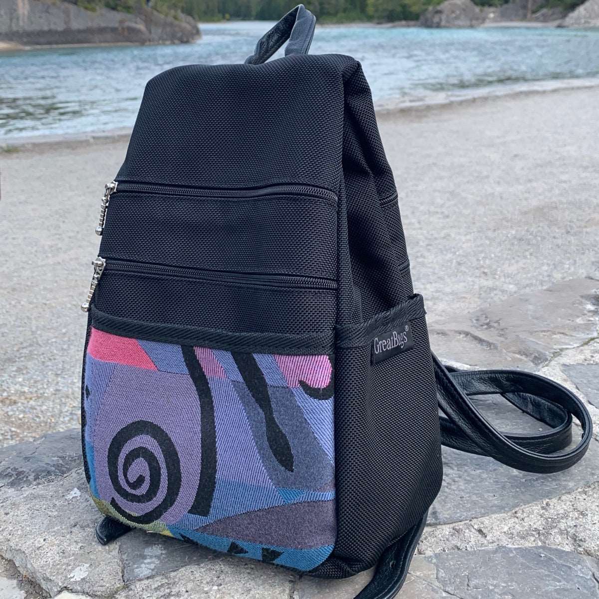 B967 BL Sm Side Entry Backpack- Black Nylon with Fabric Accent