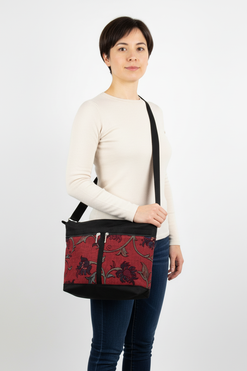 223L crossbody purse shown on 5'2" person