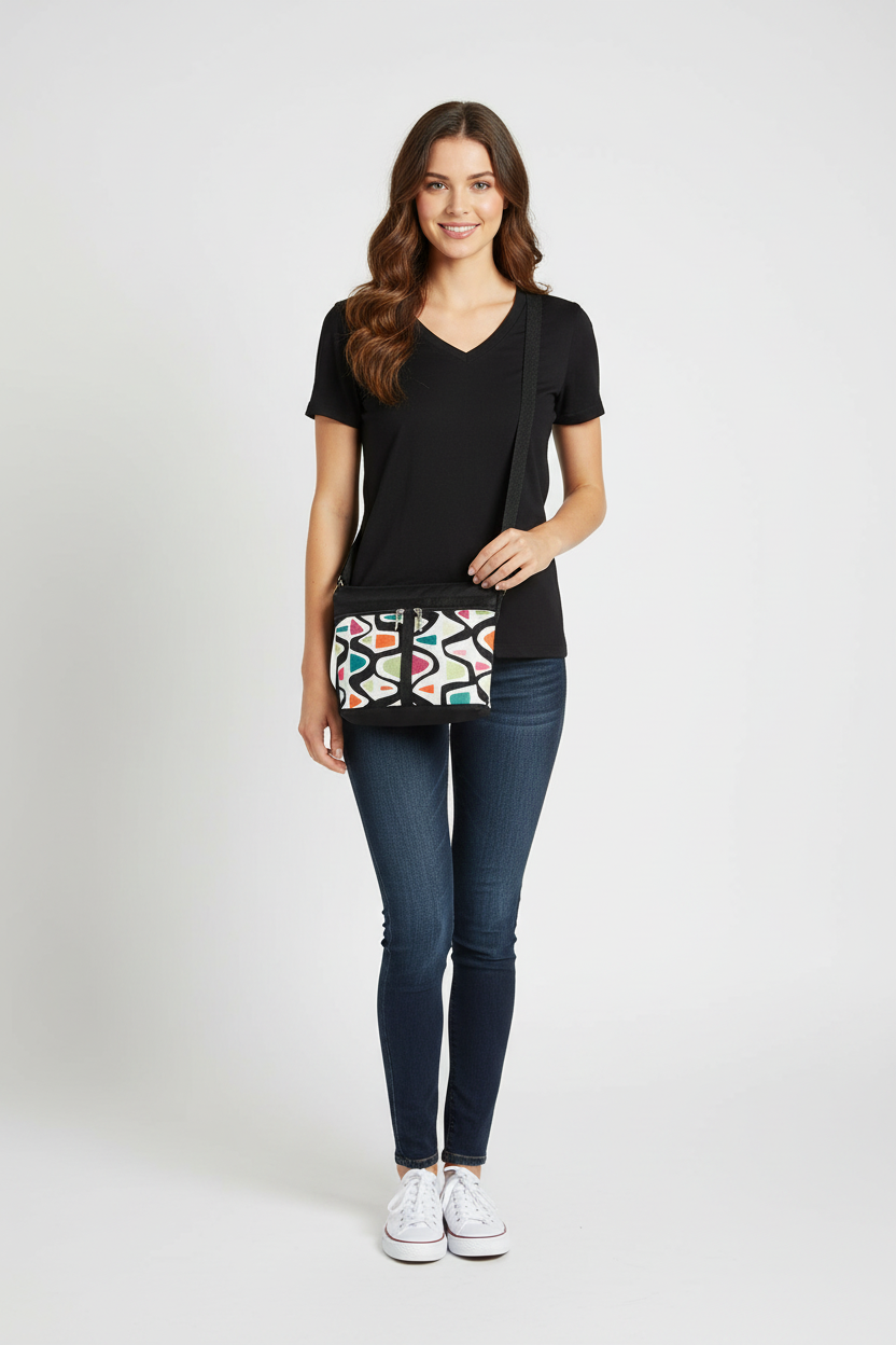 221L crossbody purse shown on 5'8" person