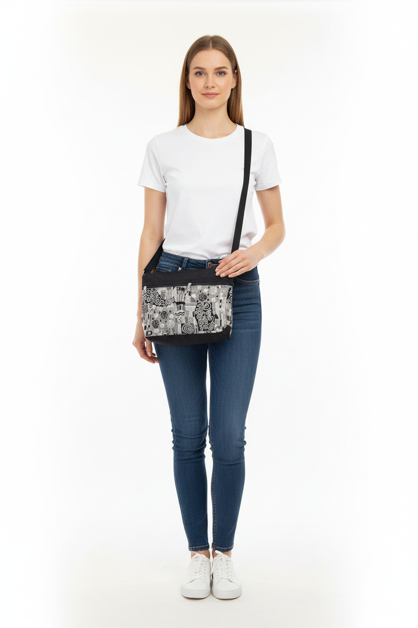 222L crossbody purse shown on 5'8" person