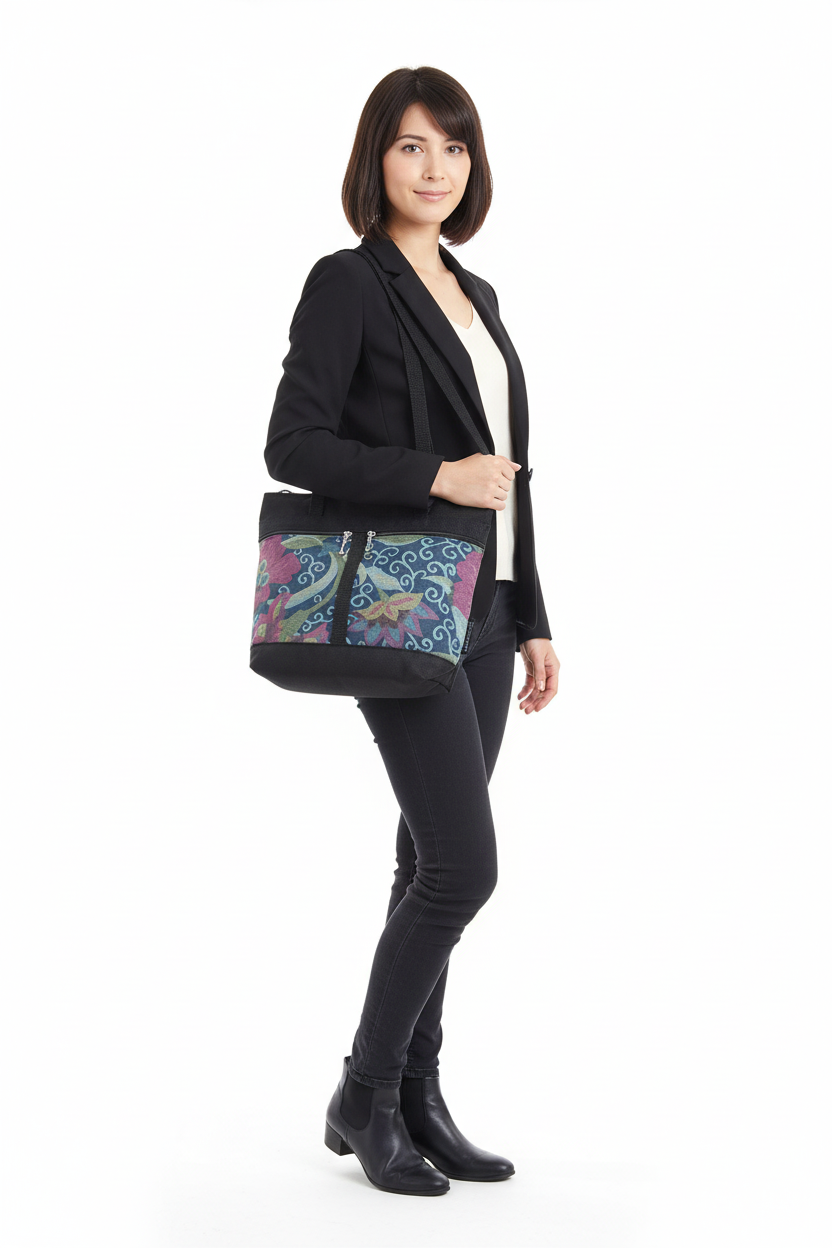 S purse sized tote in black shown on 5'6" person