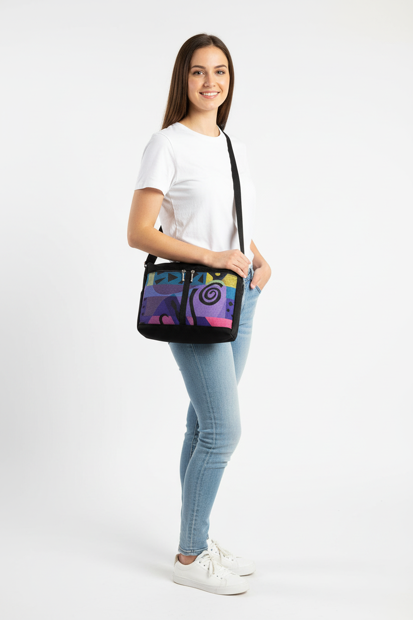 Emma PL messenger bag shown on 5'2" person