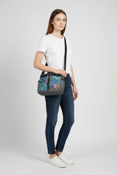 106 Gray Medium Messenger Bag Purse in Nylon with Fabric Accent