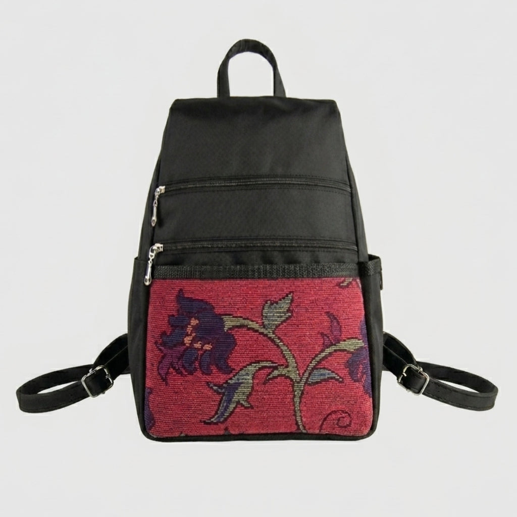 Black Nylon Side Entry Backpack with Red Floral Chenille Front