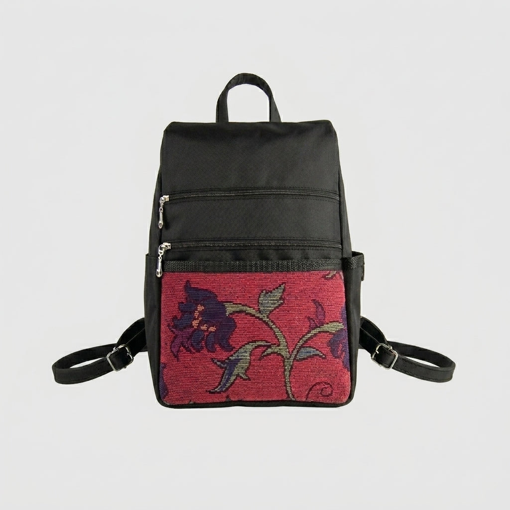 Black Nylon Side Entry Backpack with Red Floral Chenille Front