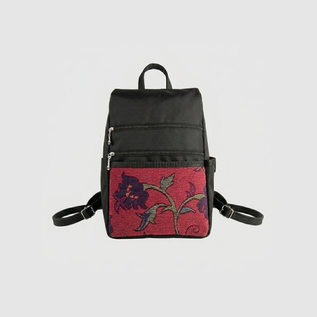 Black Nylon Side Entry Backpack with Red Floral Chenille Front