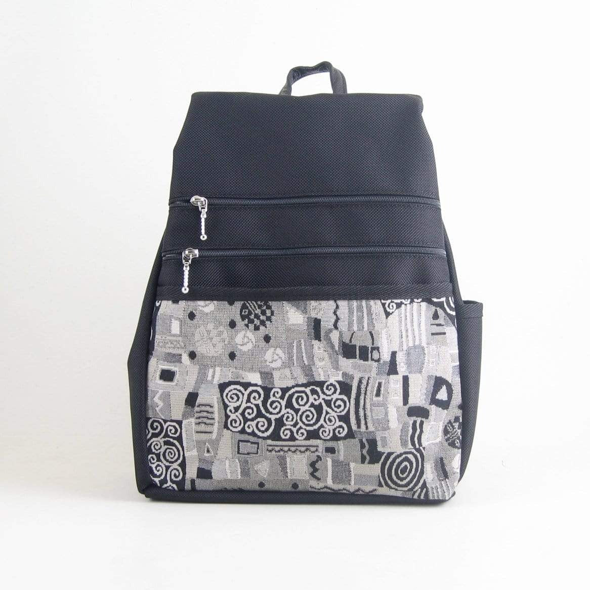 B968-BL Medium Side Entry Backpack in Black Nylon with Fabric Accent Pocket