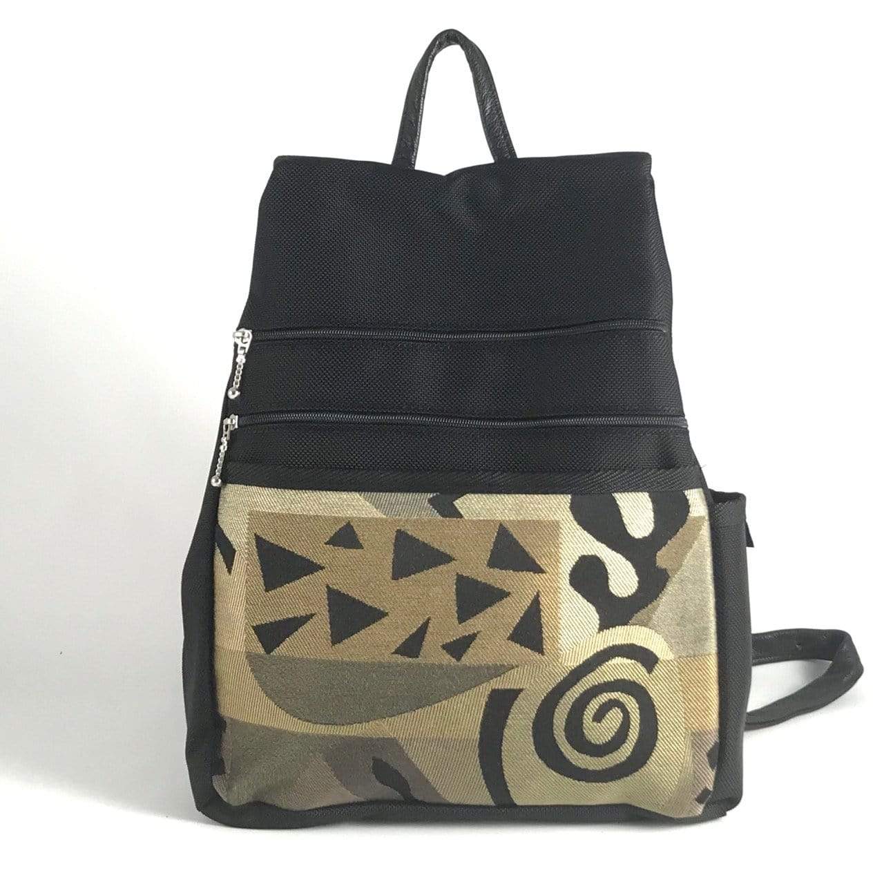 B968-BL Medium Side Entry Backpack in Black Nylon with Fabric Accent Pocket