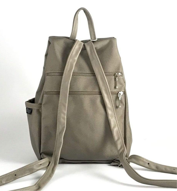 B968-KH Medium Side Entry Backpack in Khaki Beige Nylon with Fabric Accent Pocket