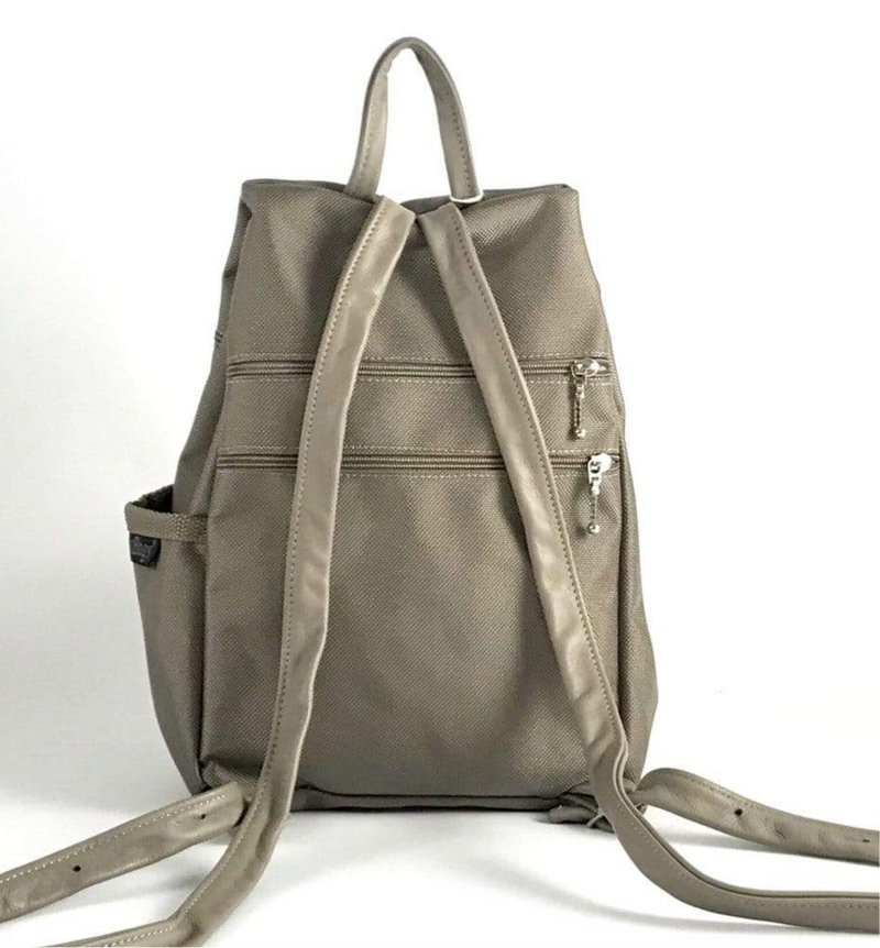 B968-KH Medium Side Entry Backpack in Khaki Beige Nylon with Fabric Accent Pocket