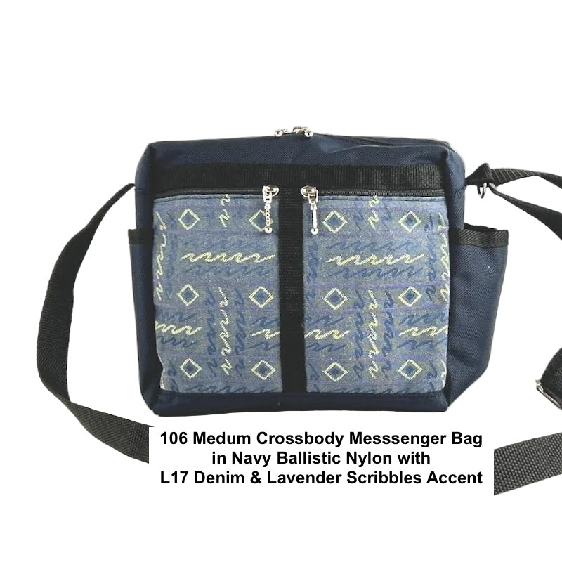 106 Navy Medium Messenger Bag Purse in Nylon with Fabric Accent Pockets