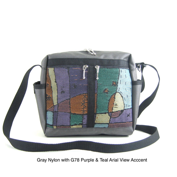 106 Medium Messenger Bag Purse in Gray Nylon with Fabric Accent Pockets