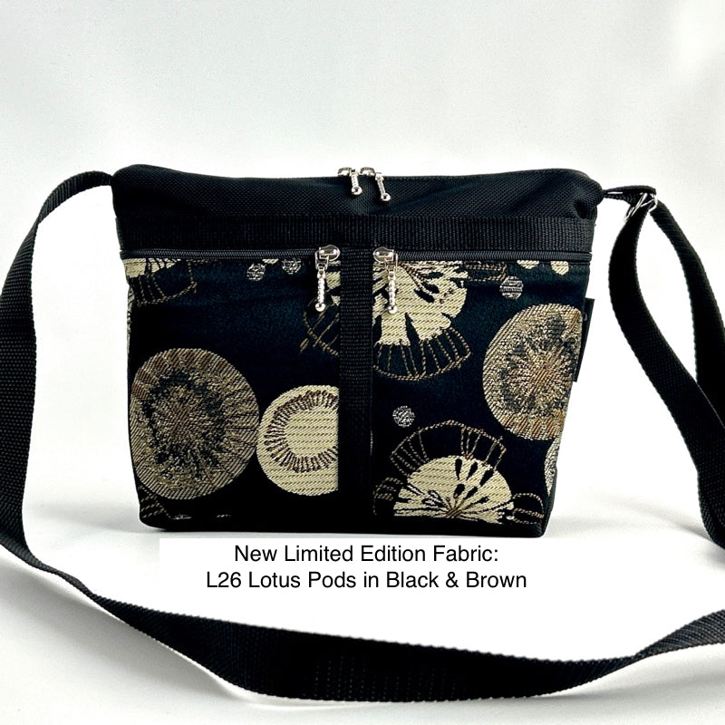 221L Small Cross-Body Organizer Purse in Black Nylon with fabric accent pockets