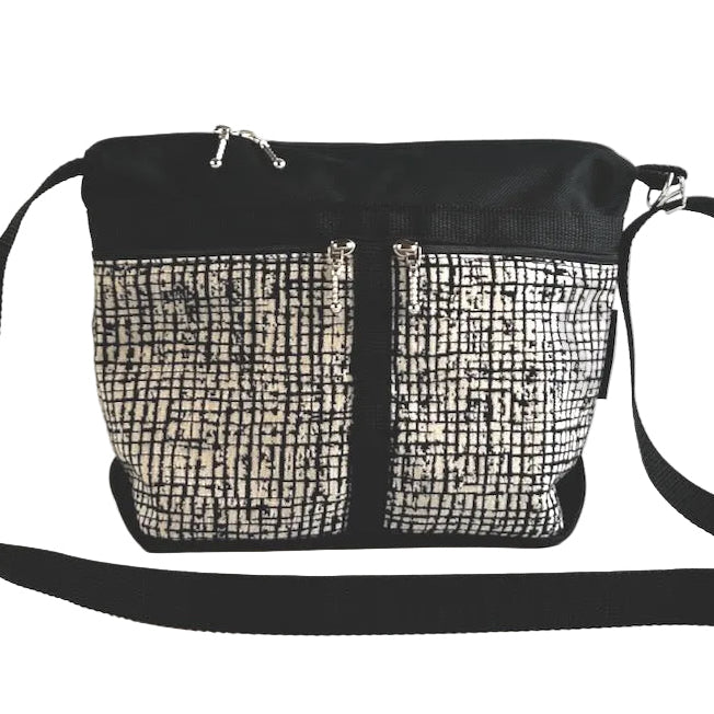 221L Small Cross-Body Organizer Purse in Black Nylon with fabric accent pockets
