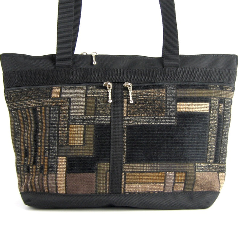 tote bag with Frank Lloyd Wright inspired chenille fabric in browns and black