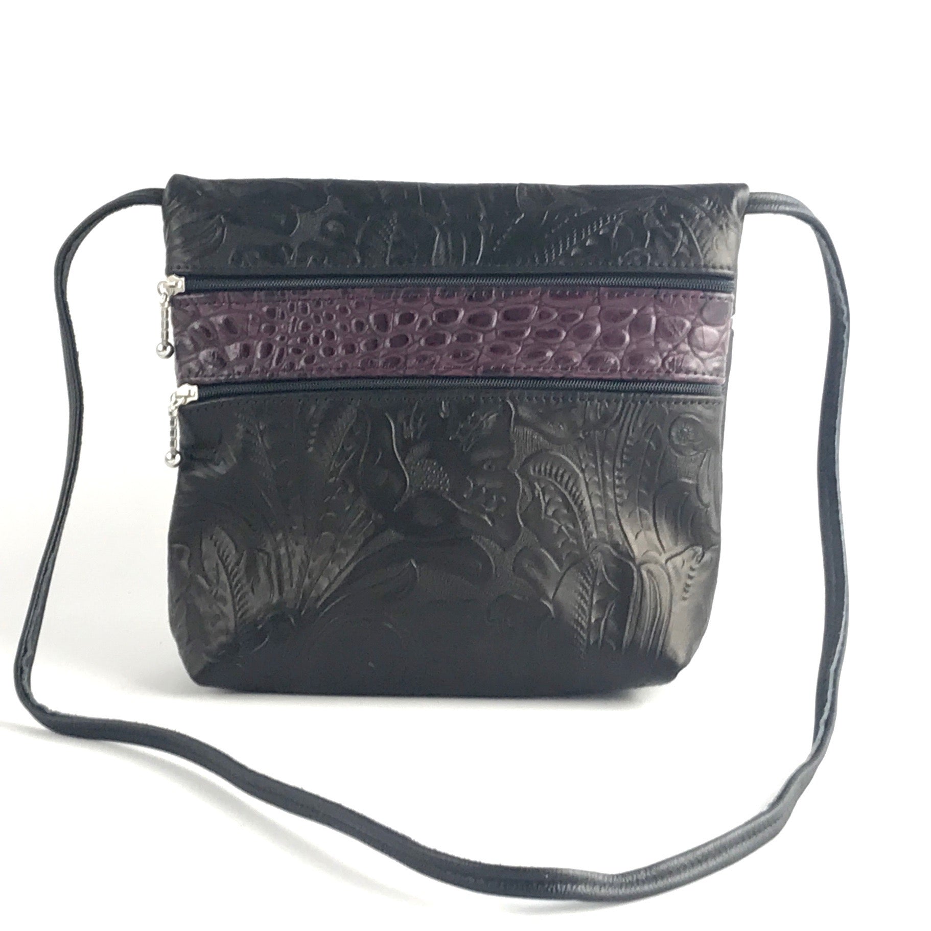 Wide 3 zipper Leather Cross-body Travel Purse #86 Bl-pucr
