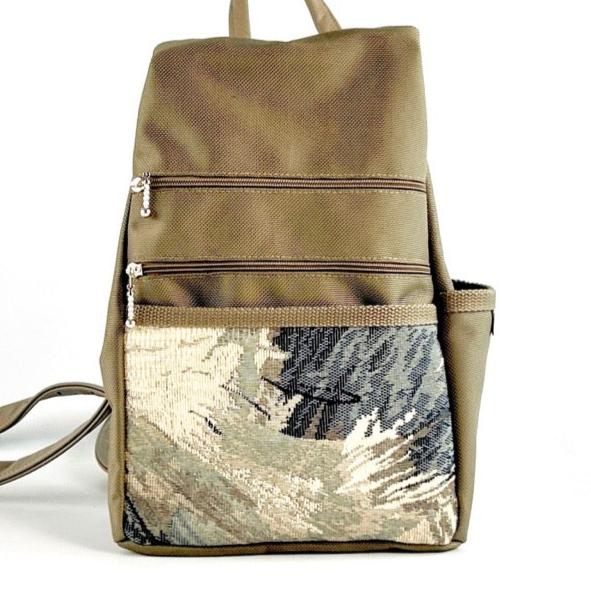 B968-KH Medium Side Entry Backpack in Khaki Beige Nylon with Fabric Accent Pocket
