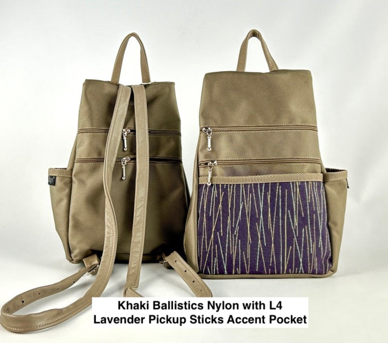 B967-KH Small Side Entry Backpack in Khaki nylon with Fabric Accent Pocket