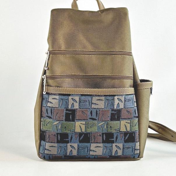 B967-KH Small Side Entry Backpack in Khaki nylon with Fabric Accent Pocket