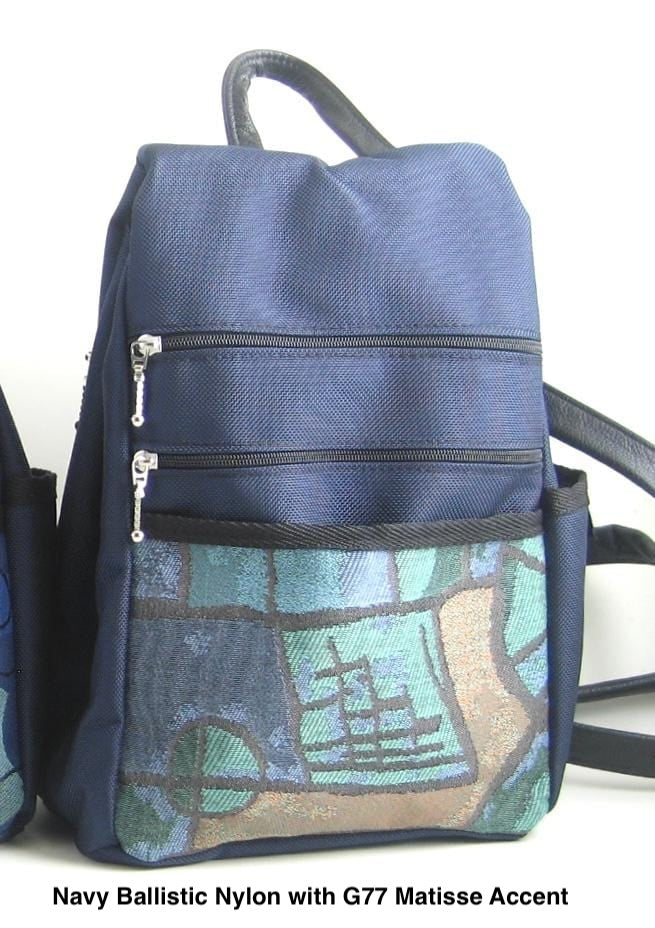 B967-NV SMALL Side Entry Backpack in Navy Nylon with Fabric Accent Pocket