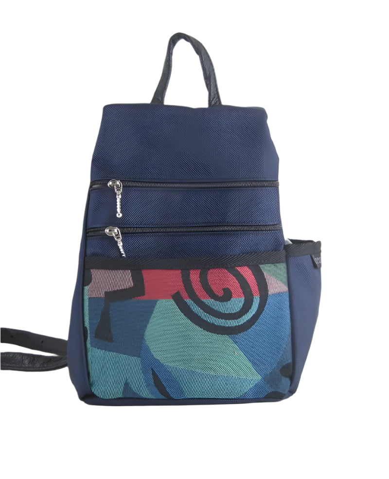 B967-NV SMALL Side Entry Backpack in Navy Nylon with Fabric Accent Pocket