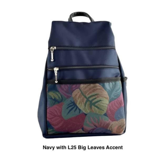 Side Entry Backpack Purses - Water-Resistant Navy Nylon-4 Sizes with Fabric Accent Pockets