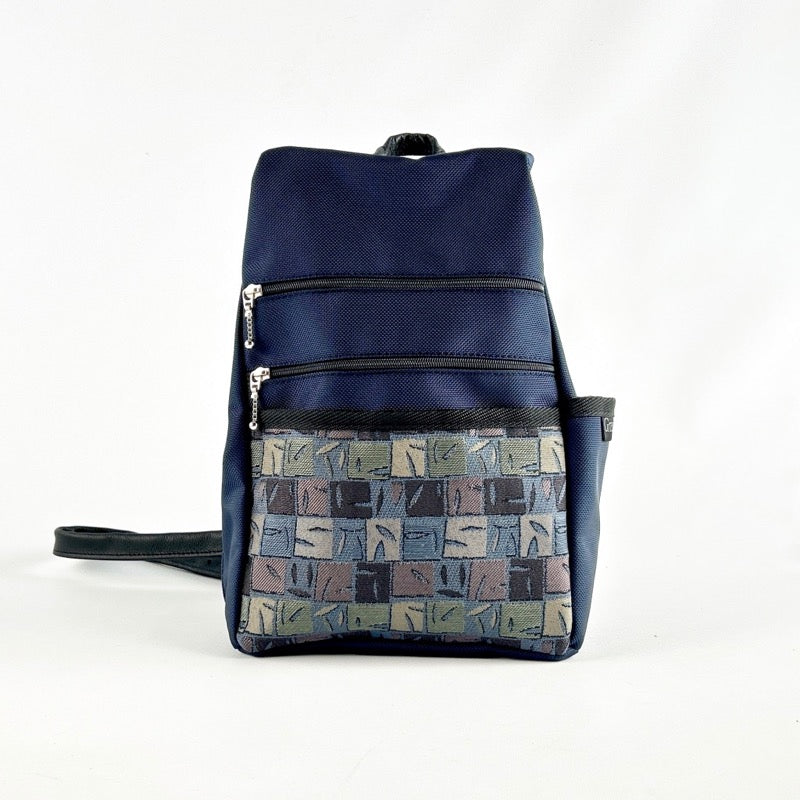 B967-NV SMALL Side Entry Backpack in Navy Nylon with Fabric Accent Pocket