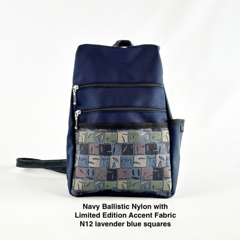 B967-NV SMALL Side Entry Backpack in Navy Nylon with Fabric Accent Pocket