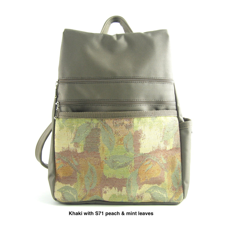 B968-KH Medium Side Entry Backpack in Khaki Beige Nylon with Fabric Accent Pocket