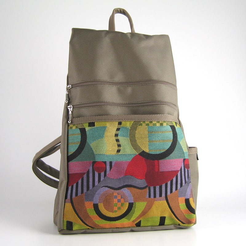 B969-KH  Large Side Entry Backpack in Khaki Nylon with Fabric Accent pocket