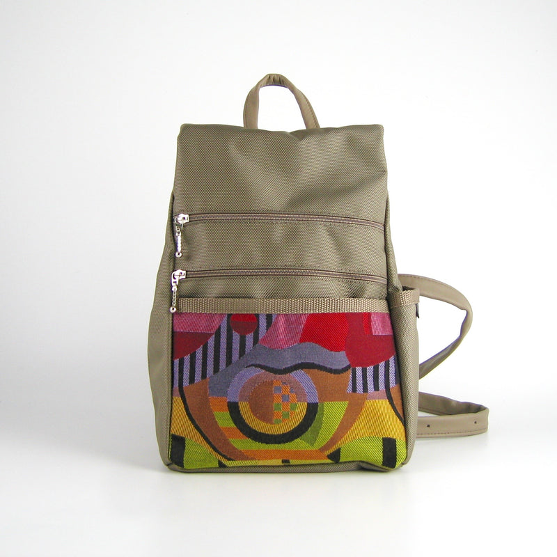 B967-KH Small Side Entry Backpack in Khaki nylon with Fabric Accent Pocket