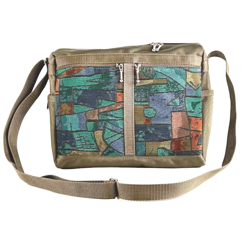 Lightweight Crossbody Purse in khaki tan ballistic nylon with Cezanne inspired tapestry accent pockets 