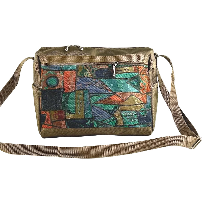 Lightweight Crossbody Purse in khaki tan ballistic nylon with Cezanne inspired tapestry accent pockets 