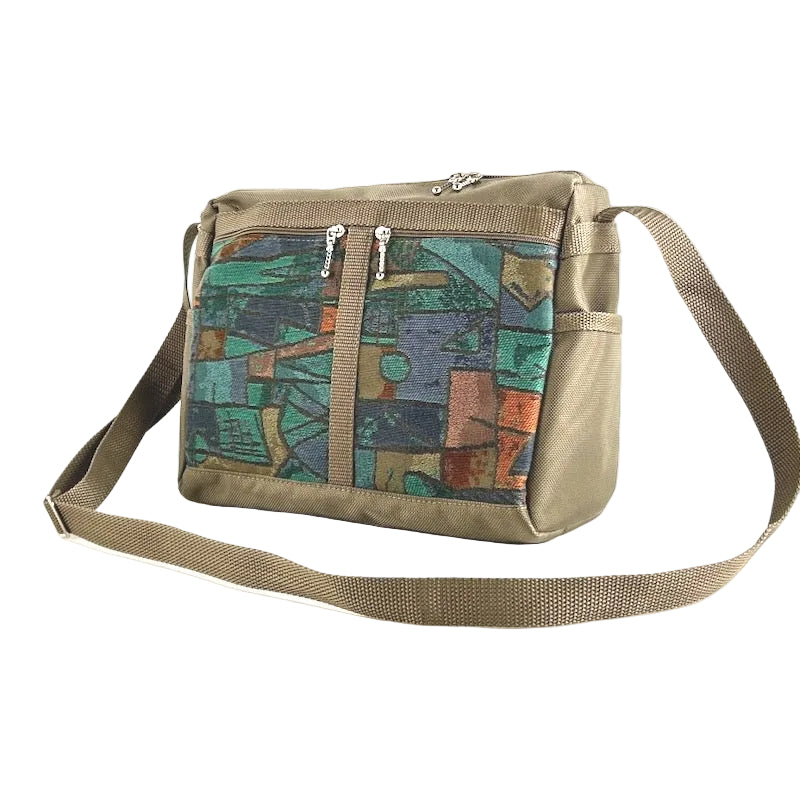 Lightweight Crossbody Purse in khaki tan ballistic nylon with Cezanne inspired tapestry accent pockets 