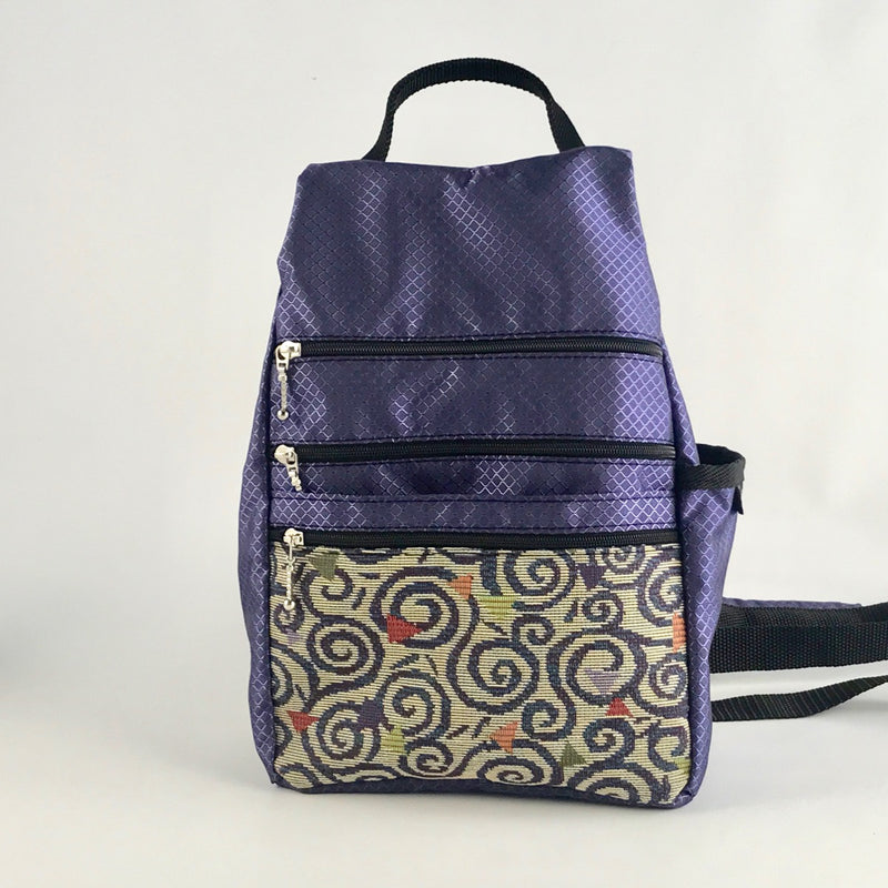 R967W SMALL Side Entry Backpack in Ripstop Nylon with Zip+Open Fabric Pocket and padded straps