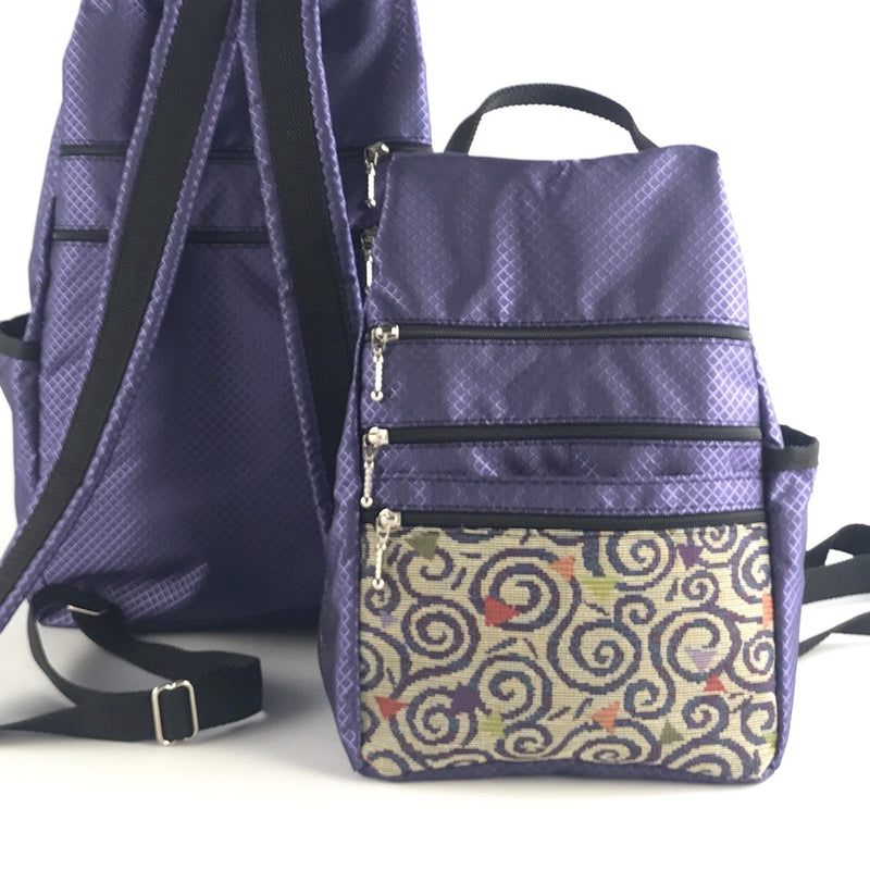 R967W SMALL Side Entry Backpack in Ripstop Nylon with Zip+Open Fabric Pocket and padded straps