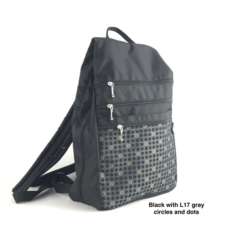 B968-BL Medium Side Entry Backpack in Black Nylon with Fabric Accent P –  GreatBags & Maple Leather