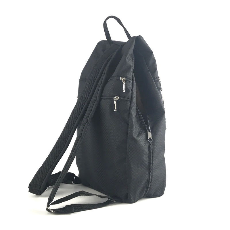 R969W Large Side Entry Backpack in Ripstop  Nylon with Zip+Open Fabric Pocket and padded straps