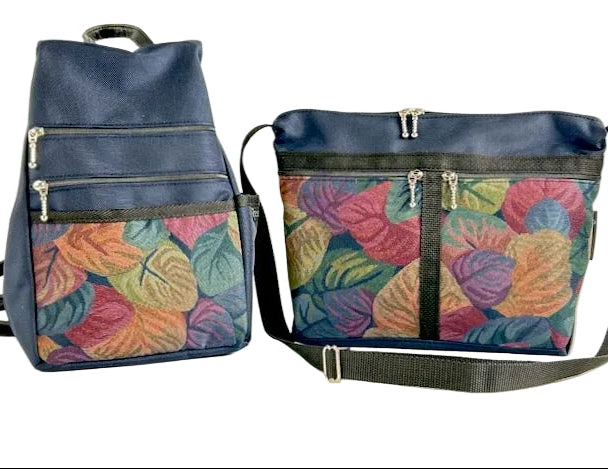Navy backpack purse and crossbody purse with tropical leaf inspired fabric accent pockets