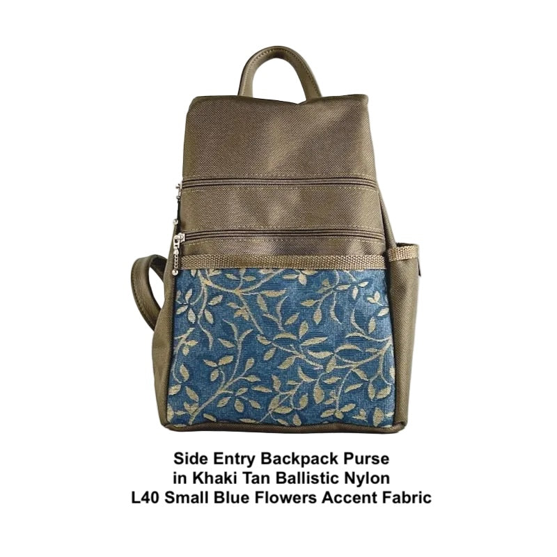 best mini backpack with side pocket B967-KH Small Side Entry Backpack in Khaki nylon with Fabric Accent Pocket
