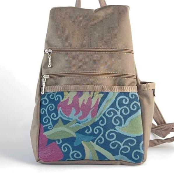 B968-KH Medium Side Entry Backpack in Khaki Beige Nylon with Fabric Accent Pocket