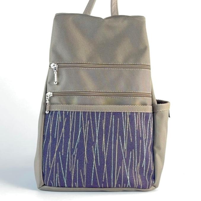 B968-KH Medium Side Entry Backpack in Khaki Beige Nylon with Fabric Accent Pocket
