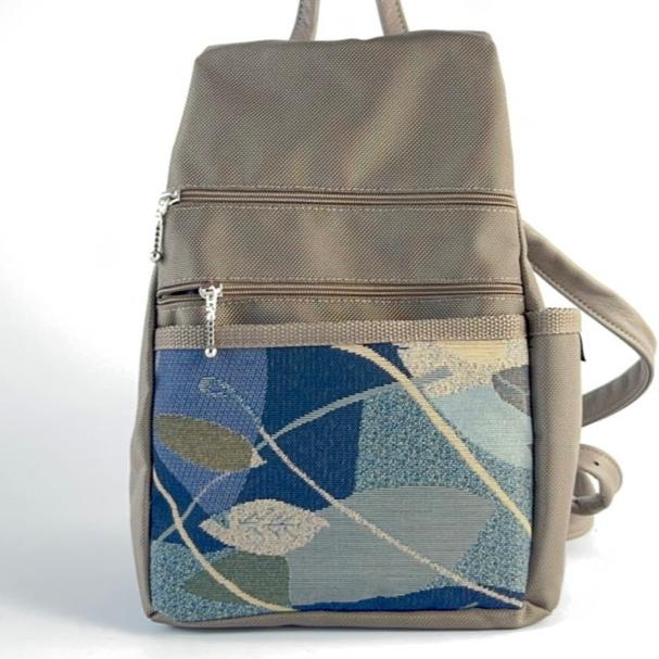 B968-KH Medium Side Entry Backpack in Khaki Beige Nylon with Fabric Accent Pocket