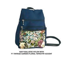 B967-NV SMALL Side Entry Backpack in Navy Nylon with Fabric Accent Pocket